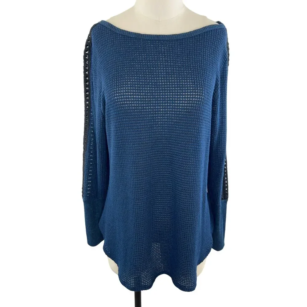 Soft Surrounding Bailey Sweater Blue Waffle Knit Lace Trim Petite Medium PM M